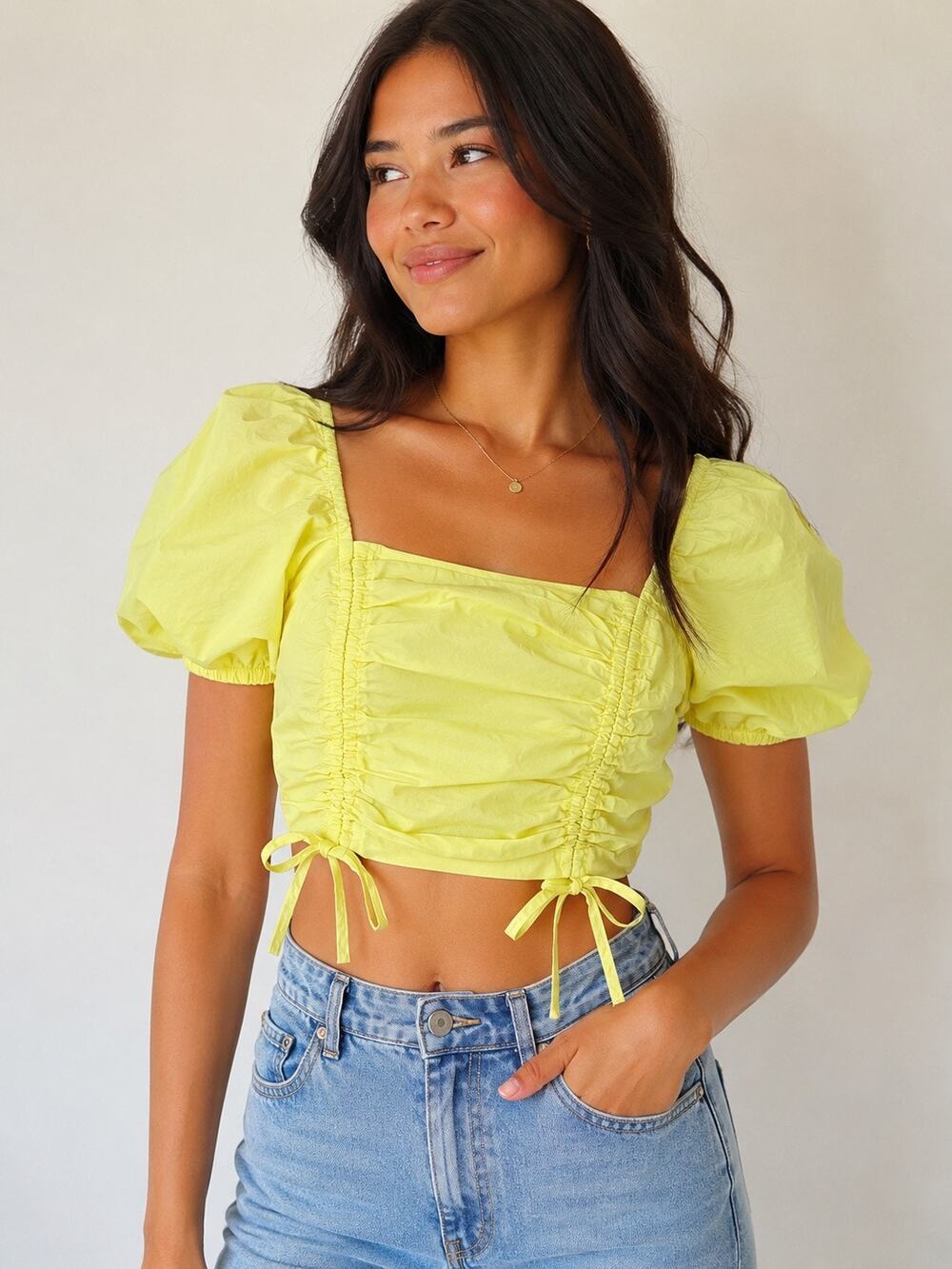 Missguided Crop Top Womens 4 Lemon Yellow Ruched Puff Sleeve Poplin Blouse NWT